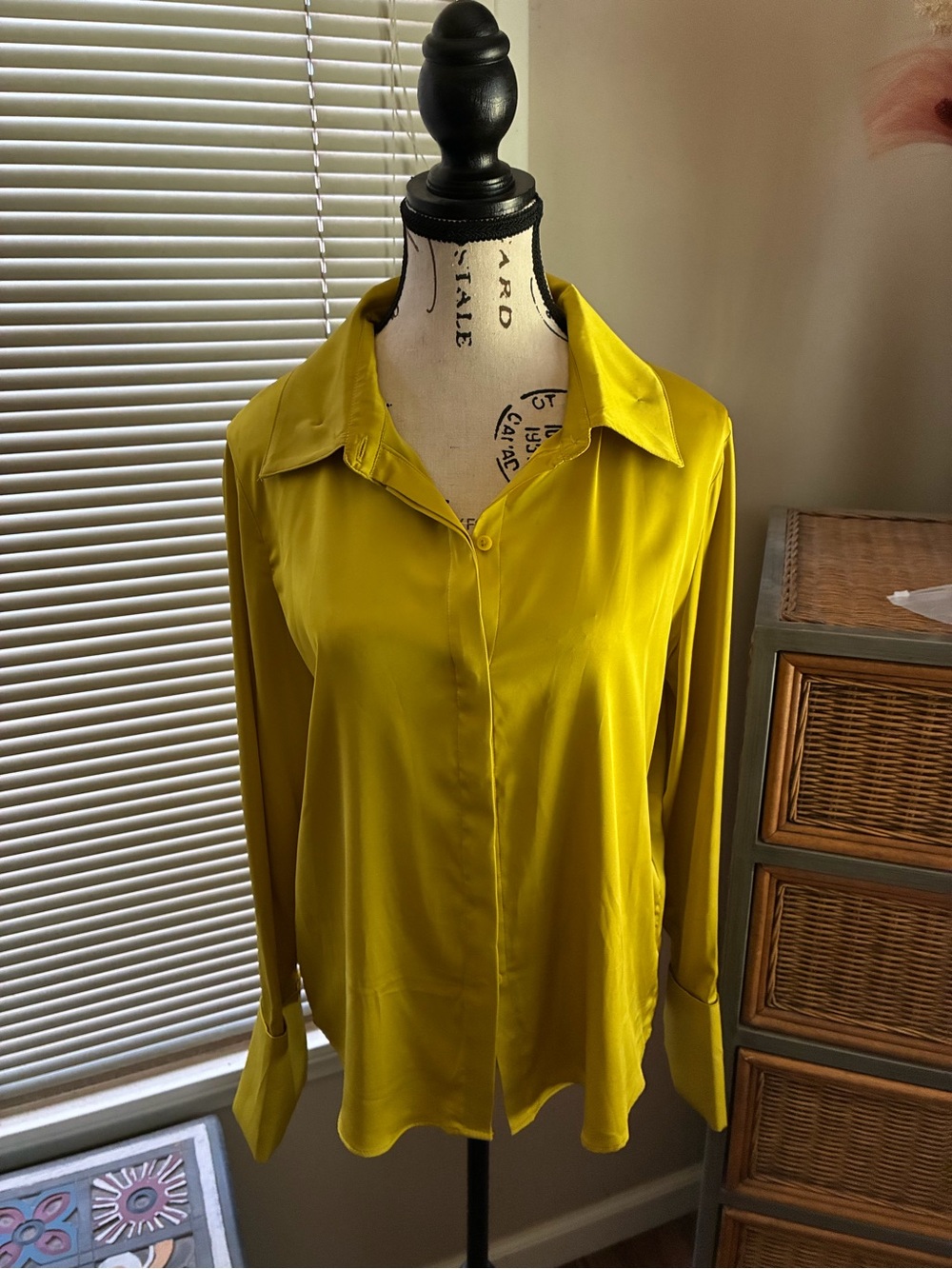 White House Black Market Lemon-Yellow Satin Button Down Blouse